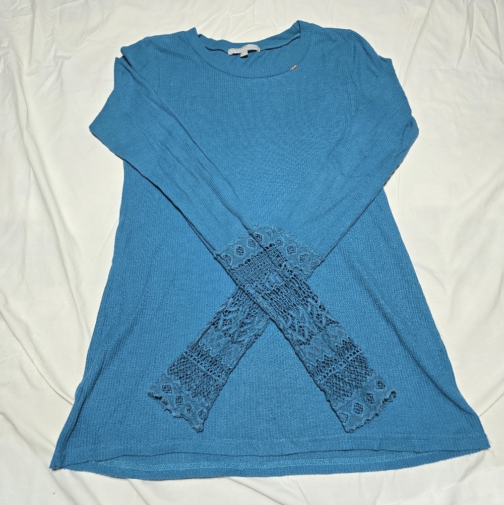 Tin Haul Teal Long Sleeve Top with Lace Detail